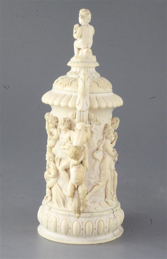 A mid 19th century German ivory tankard, height 10.5in.